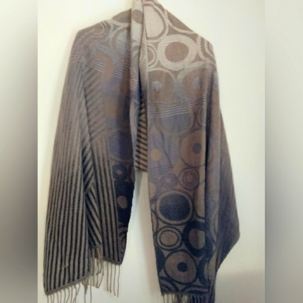 Joy Susan Scarf Circles & Stripes Fringe Artsy Casual Versatile Office Chic Cozy
